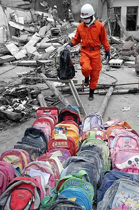 School bags gathered by rescuers after Sichuan earth quake in 2008